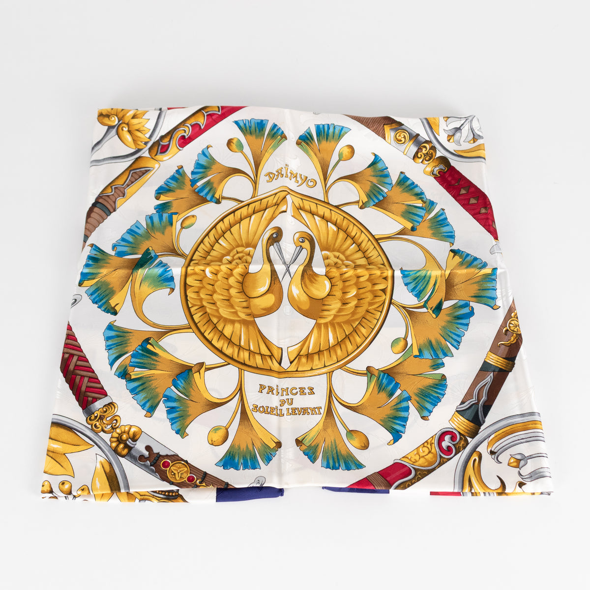 Hermes White Blue Daimyo Princes Du Soleil Levant Silk Scarf