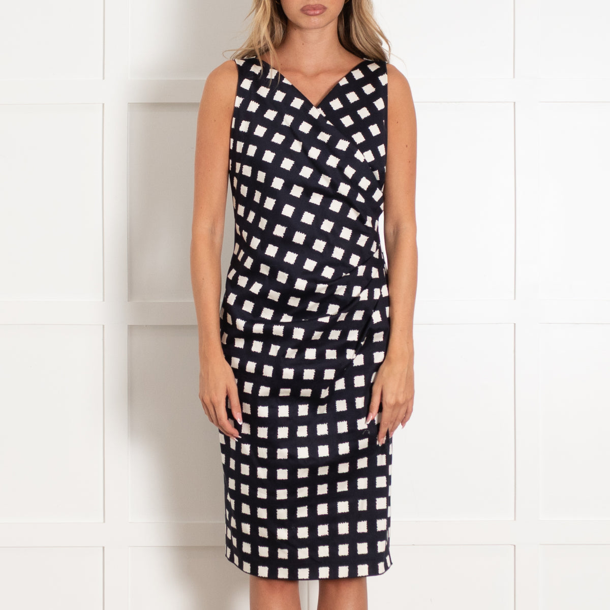 Max Mara Navy White Print Cotton Blend Sleeveless Dress