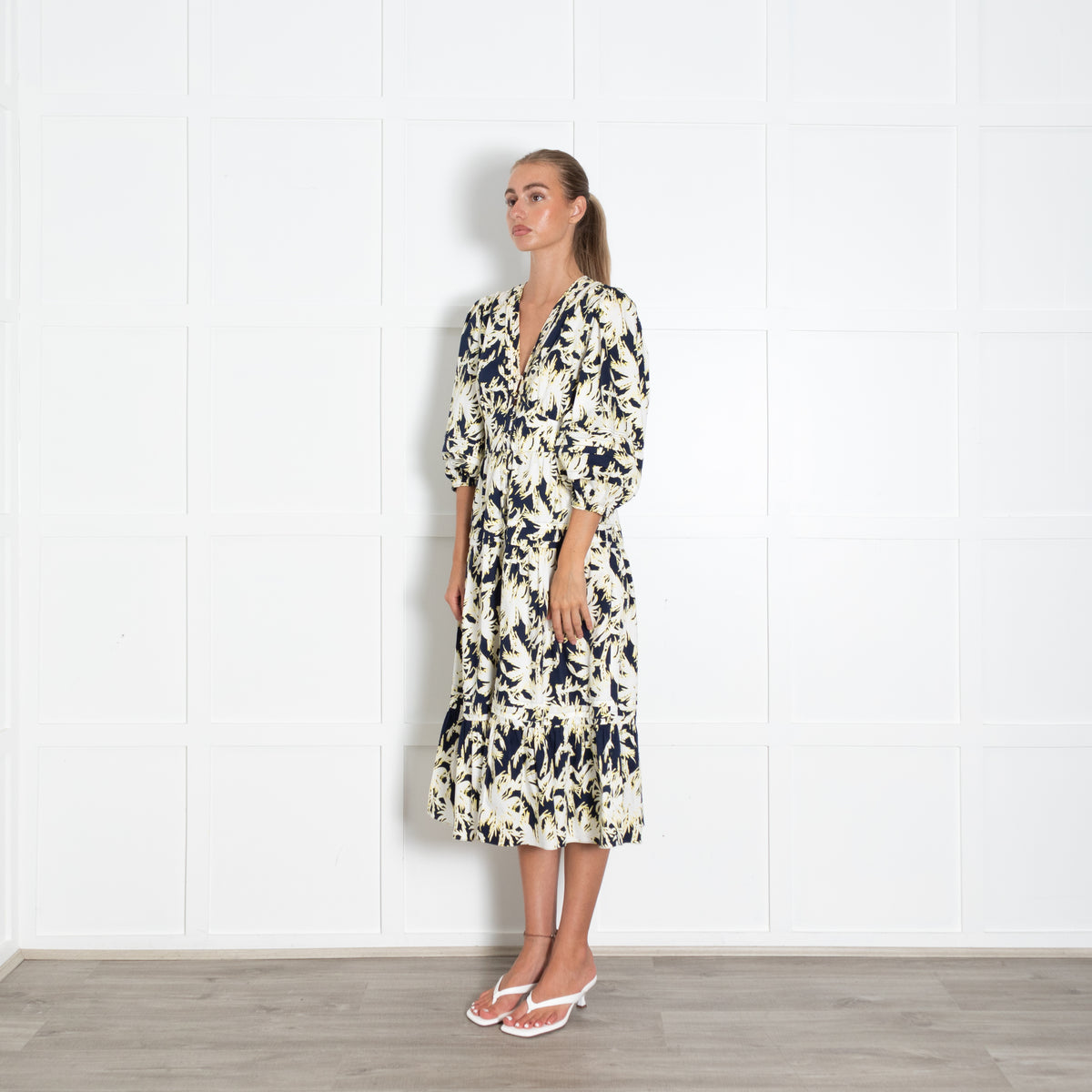 DVF Navy Cream Yellow Floral Cotton Blend Dress