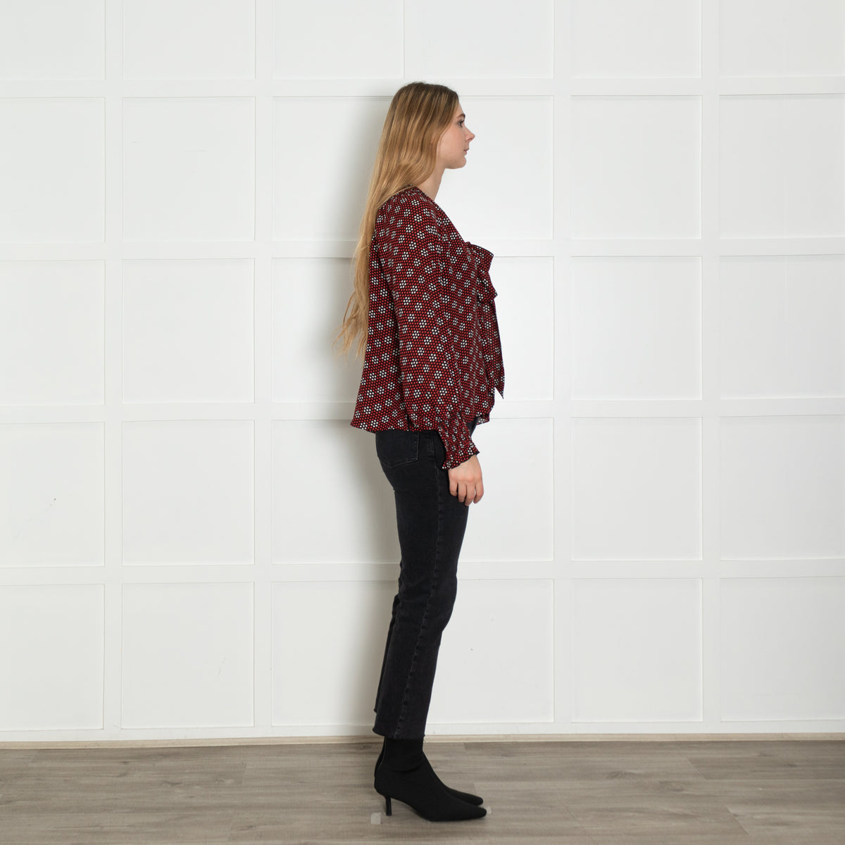 Me+Em Black Red Cream Silk Dot Tie Detail Blouse