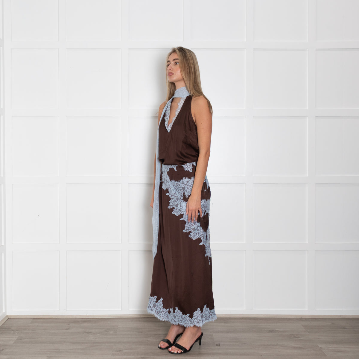 Never Fully Dressed Brown Maxi Skirt With Blue Lace Trim  Phoenix Style