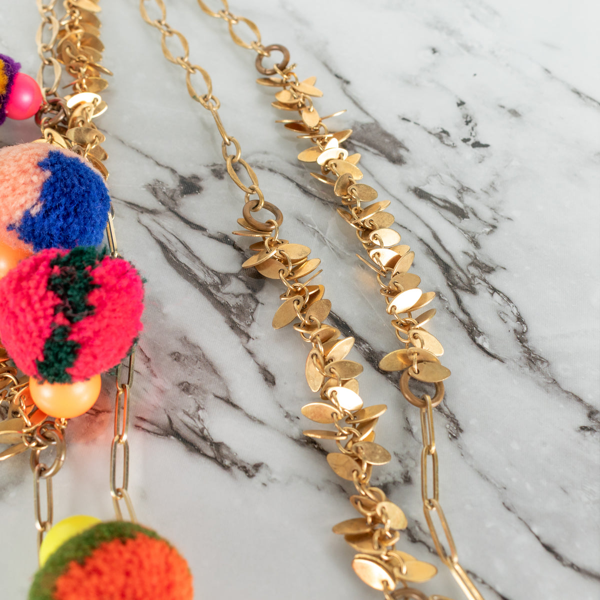 Vicki Sarge Gold Leaf Multicolour Pom Pom Long Chain Necklace
