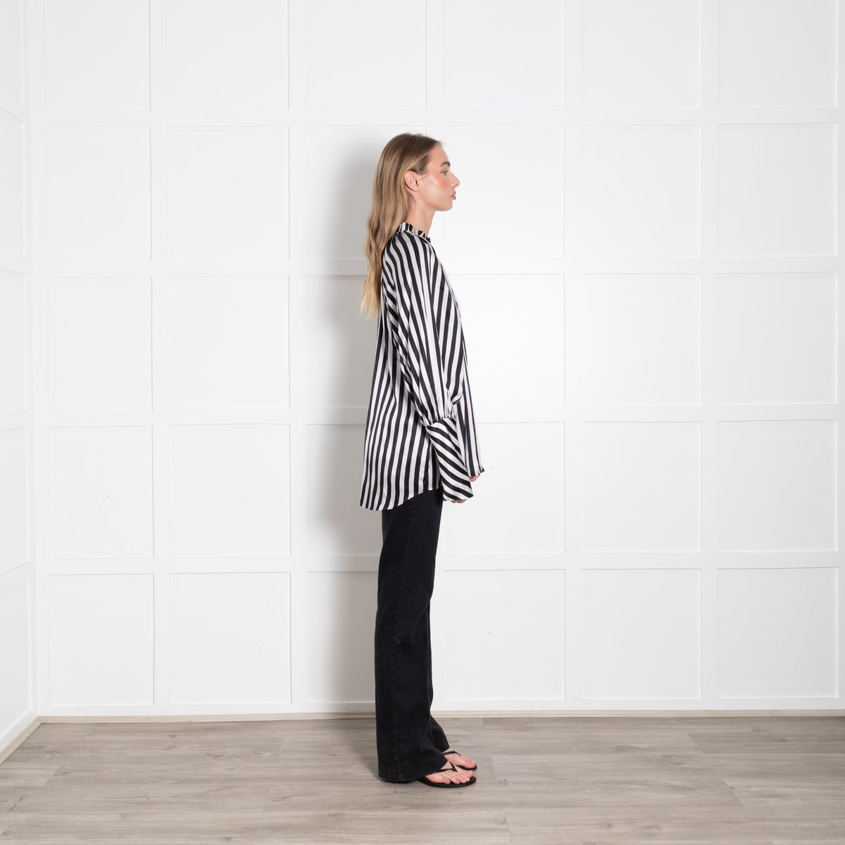 Lee Mathews Black White Striped Silk Oversized High Neck Blouse