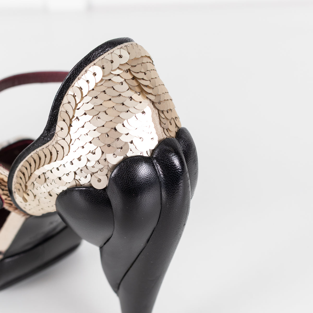 Miu Miu Black Leather Gold Sequinned Platform Sculptured Heel Shoes