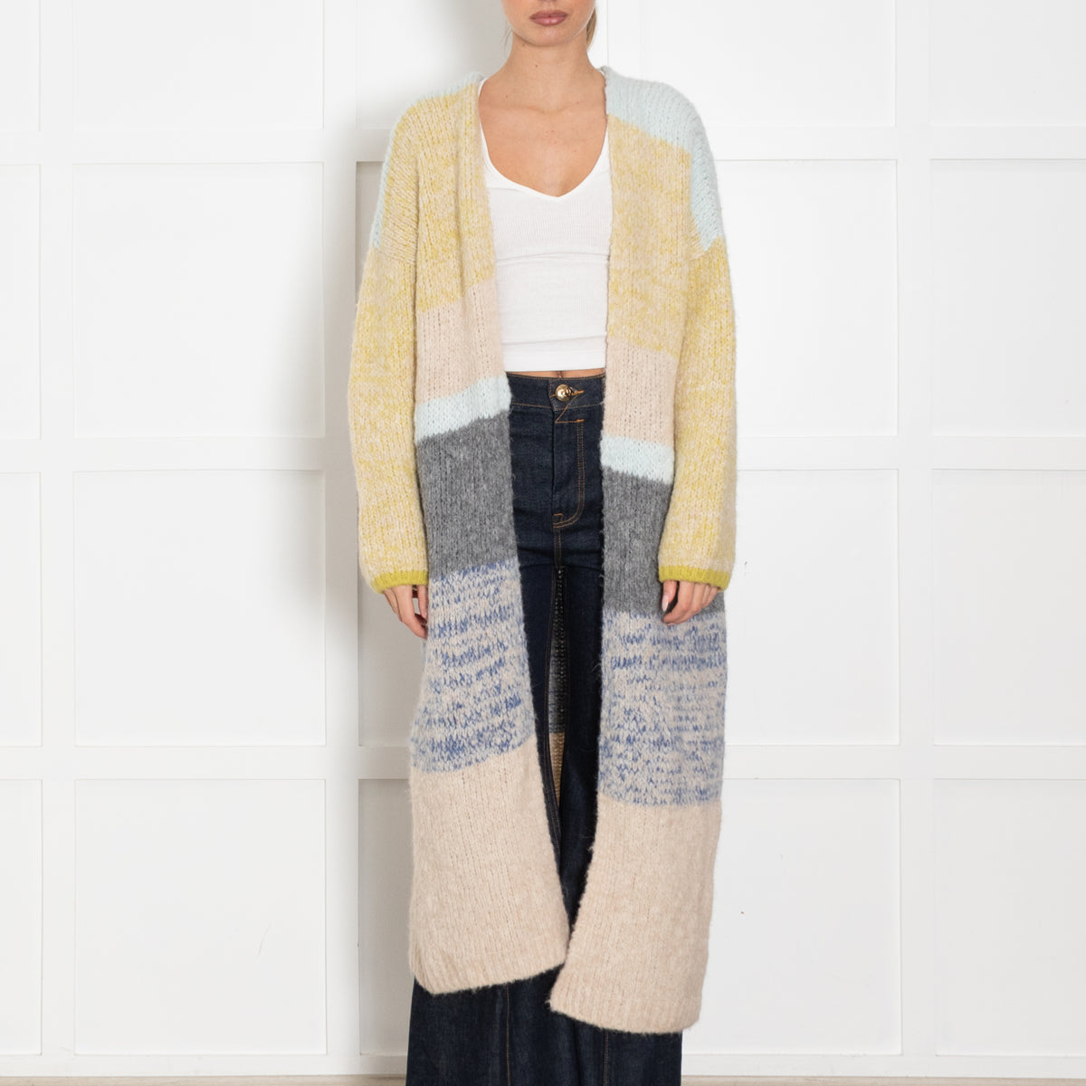 Sita Murt Yellow/Blue/Beige Mohair Mix Long Cardigan
