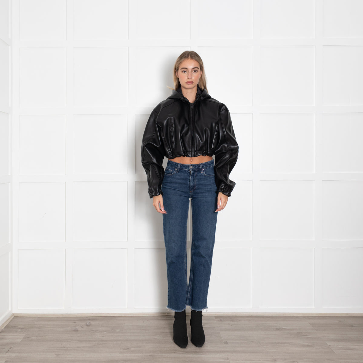 KHY Black Faux Leather Crop Bomber Jacket