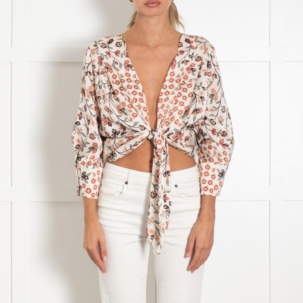 Bash Cream Orange Green Floral Front Tie Top