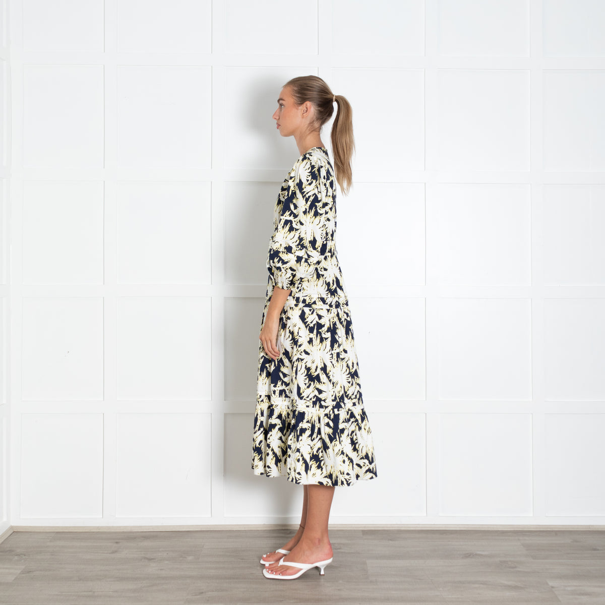 DVF Navy Cream Yellow Floral Cotton Blend Dress