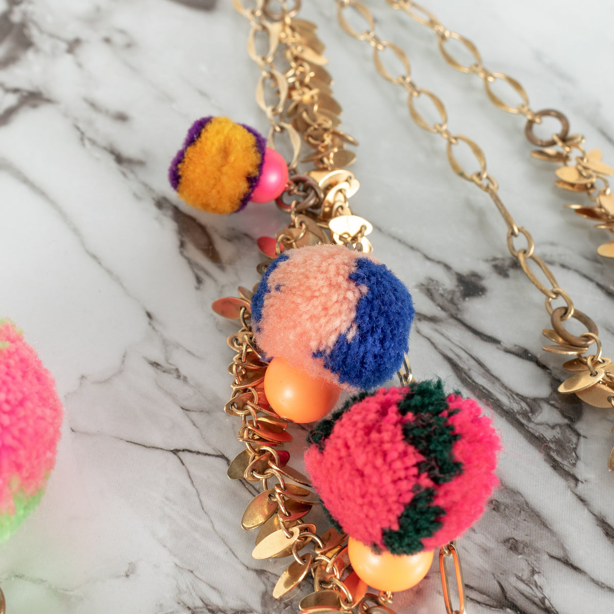 Vicki Sarge Gold Leaf Multicolour Pom Pom Long Chain Necklace