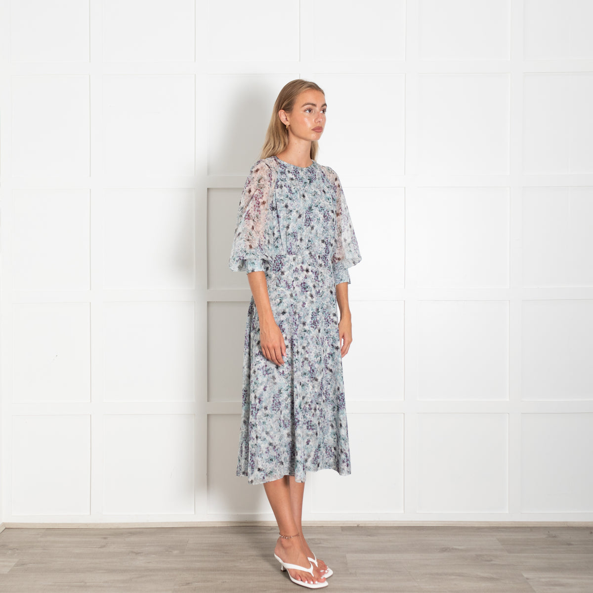 Erdem Light Grey Purple White Floral Silk Chiffon Dress