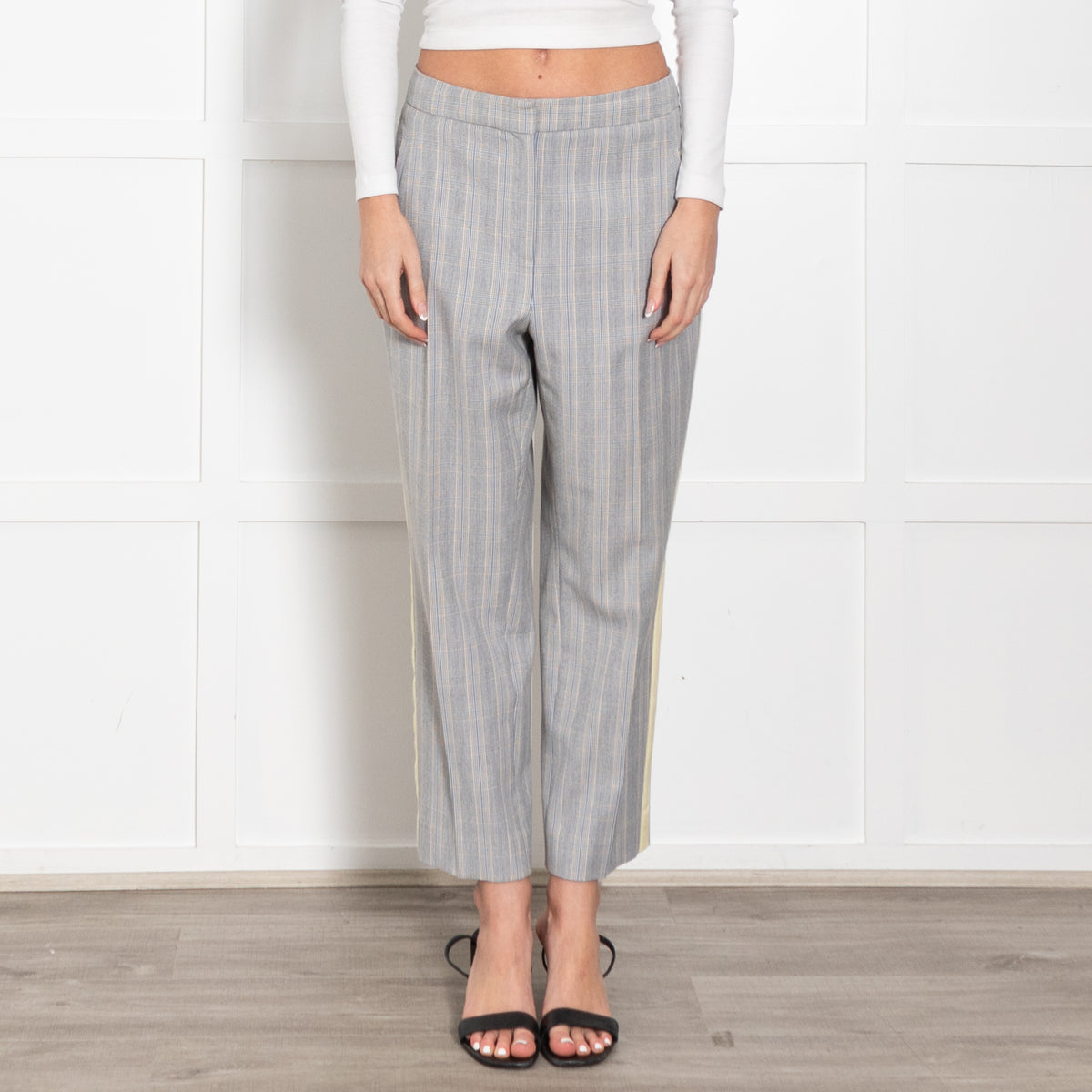 Me + Em Grey Blue Cream Check Yellow Side Stripe Trousers