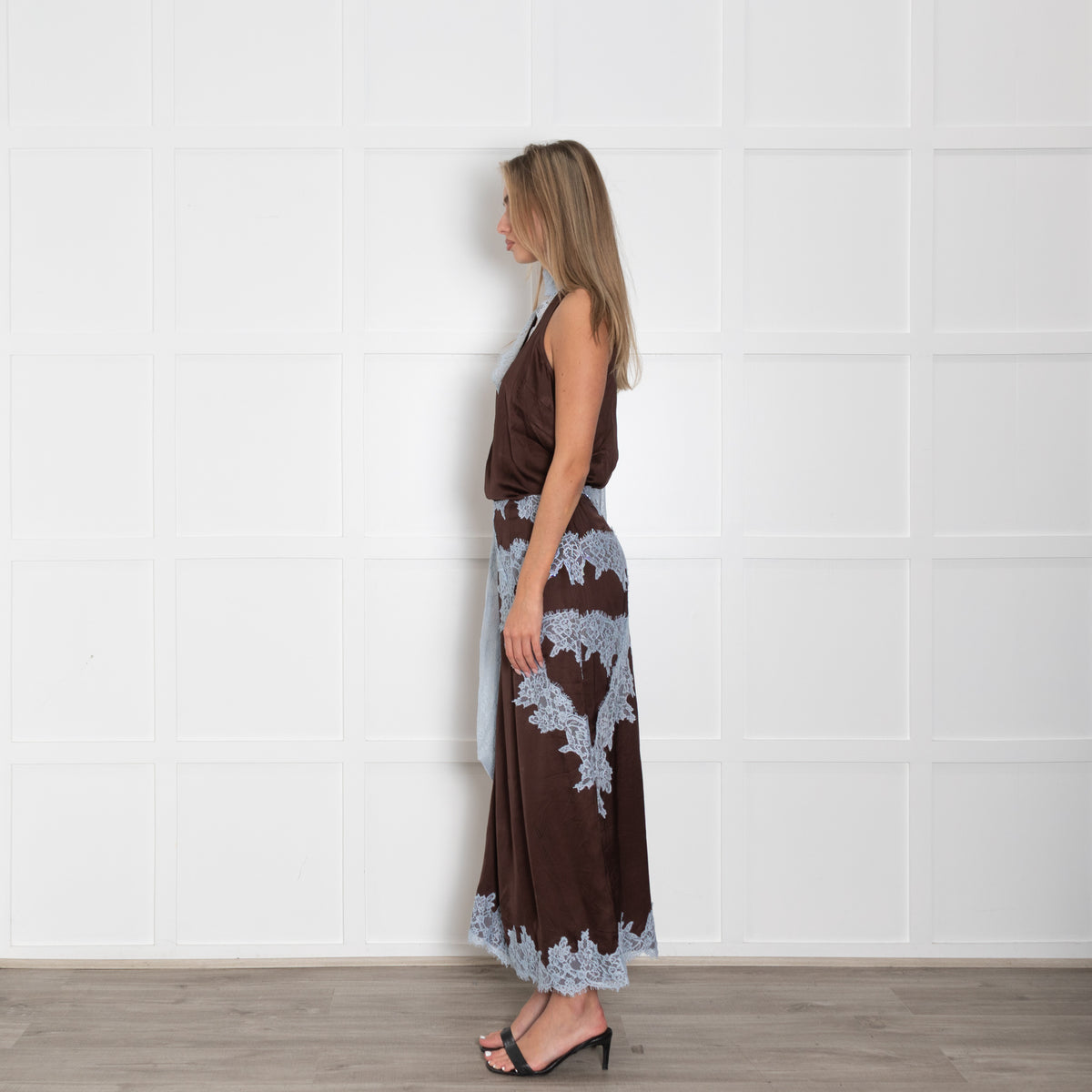 Never Fully Dressed Brown Maxi Skirt With Blue Lace Trim
