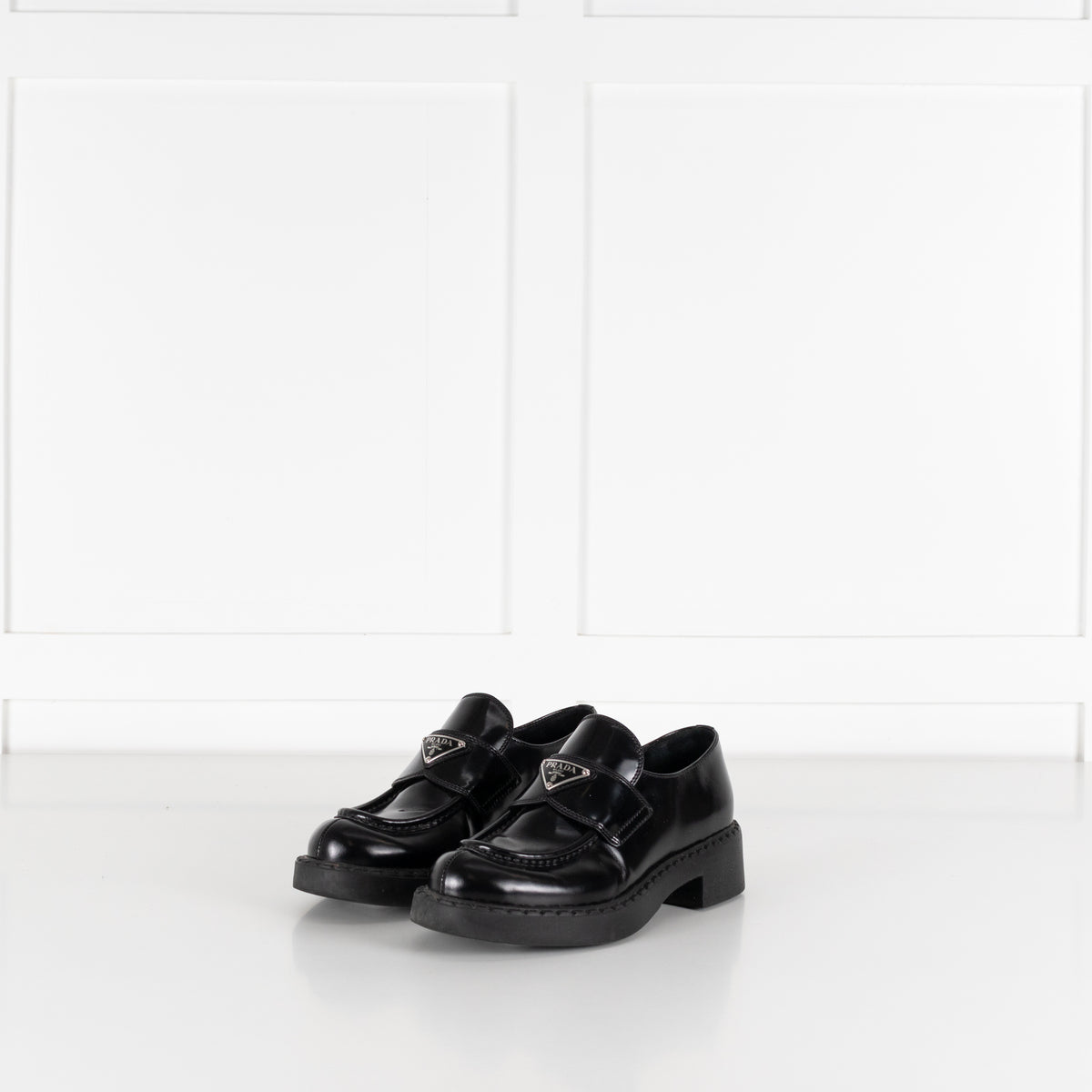 Prada Black Brushed Leather Logo Loafers