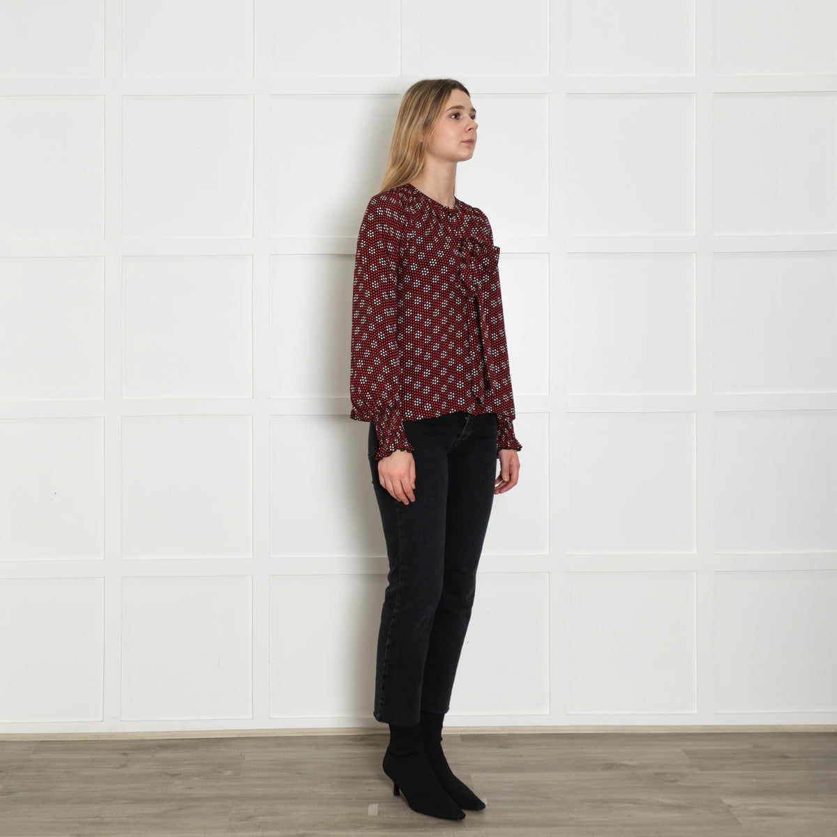 Me+Em Black Red Cream Silk Dot Tie Detail Blouse