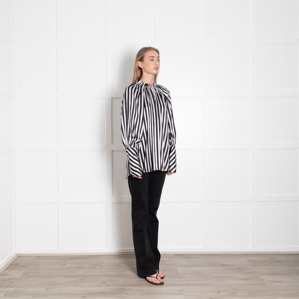 Lee Mathews Black White Striped Silk Oversized High Neck Blouse