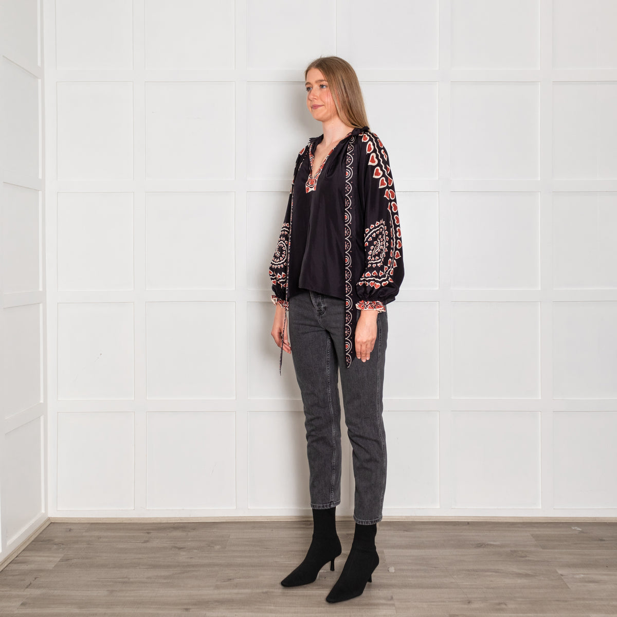 La Double J Black Red Cream Heart Print Silk Top