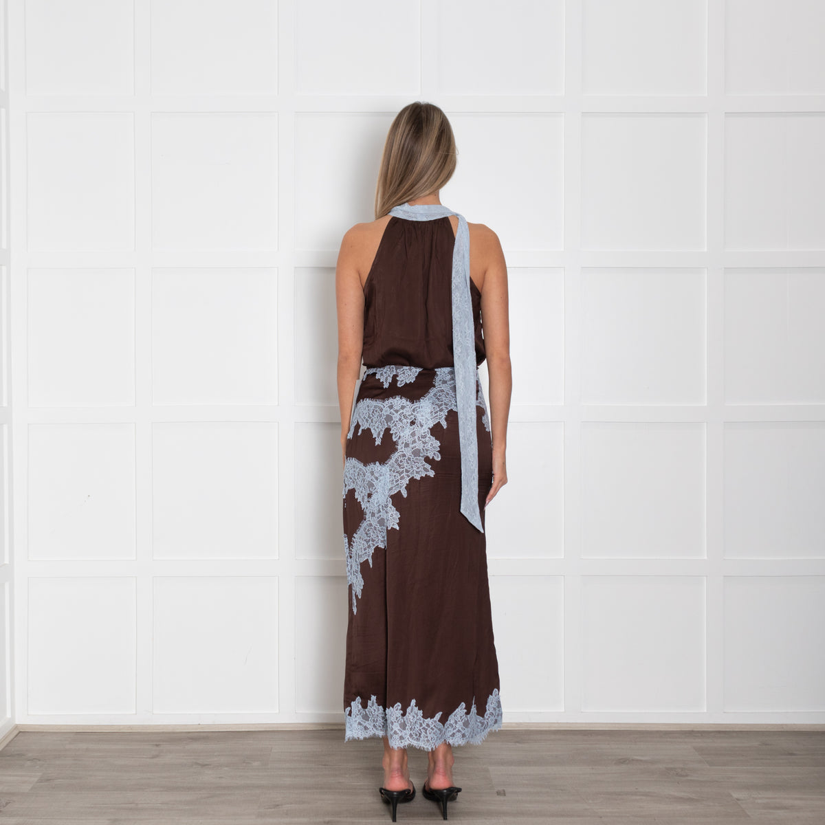 Never Fully Dressed Brown Maxi Skirt With Blue Lace Trim