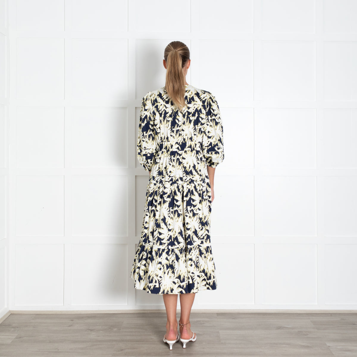 DVF Navy Cream Yellow Floral Cotton Blend Dress