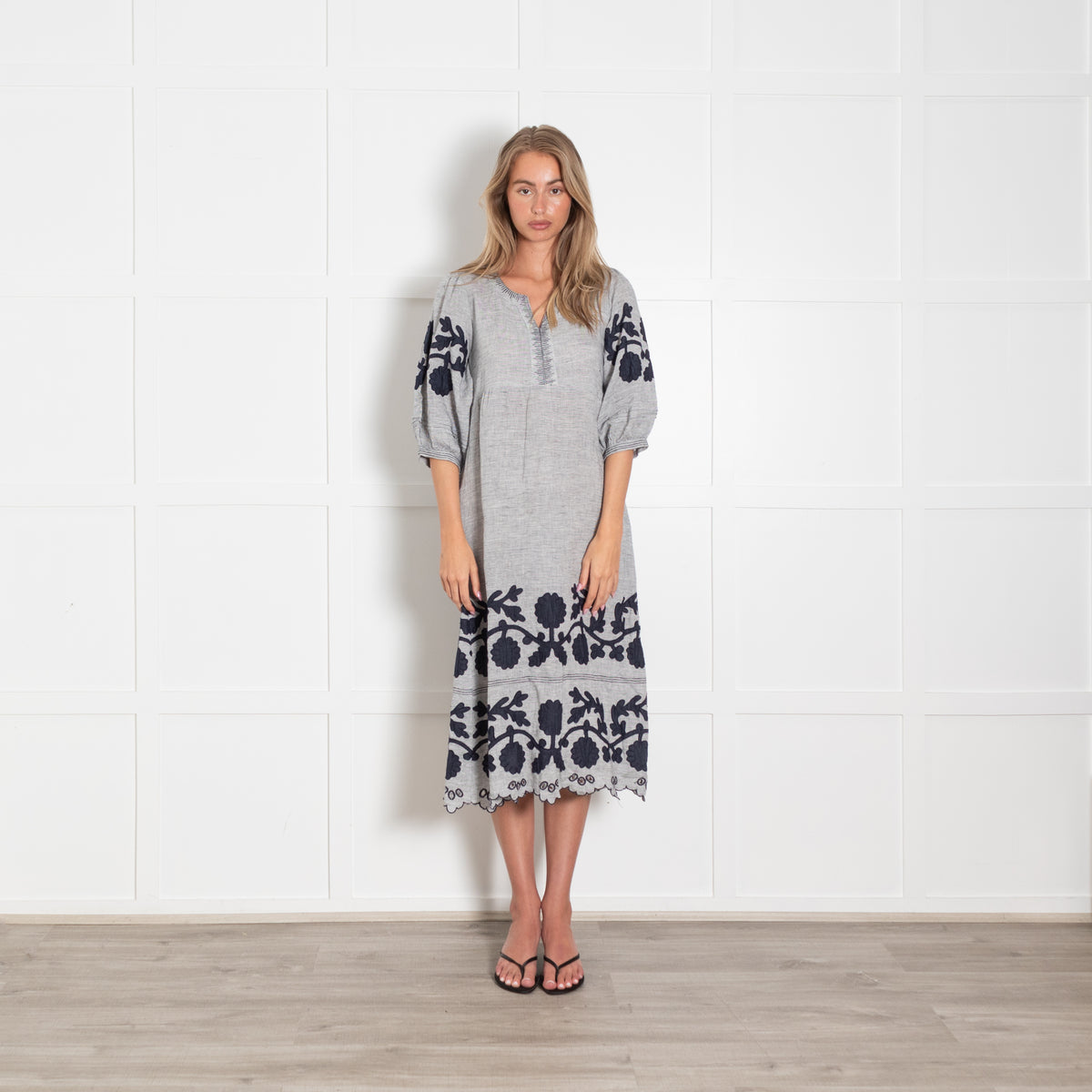 Rose And Rose White Blue Striped Embroidered Linen Midi Dress