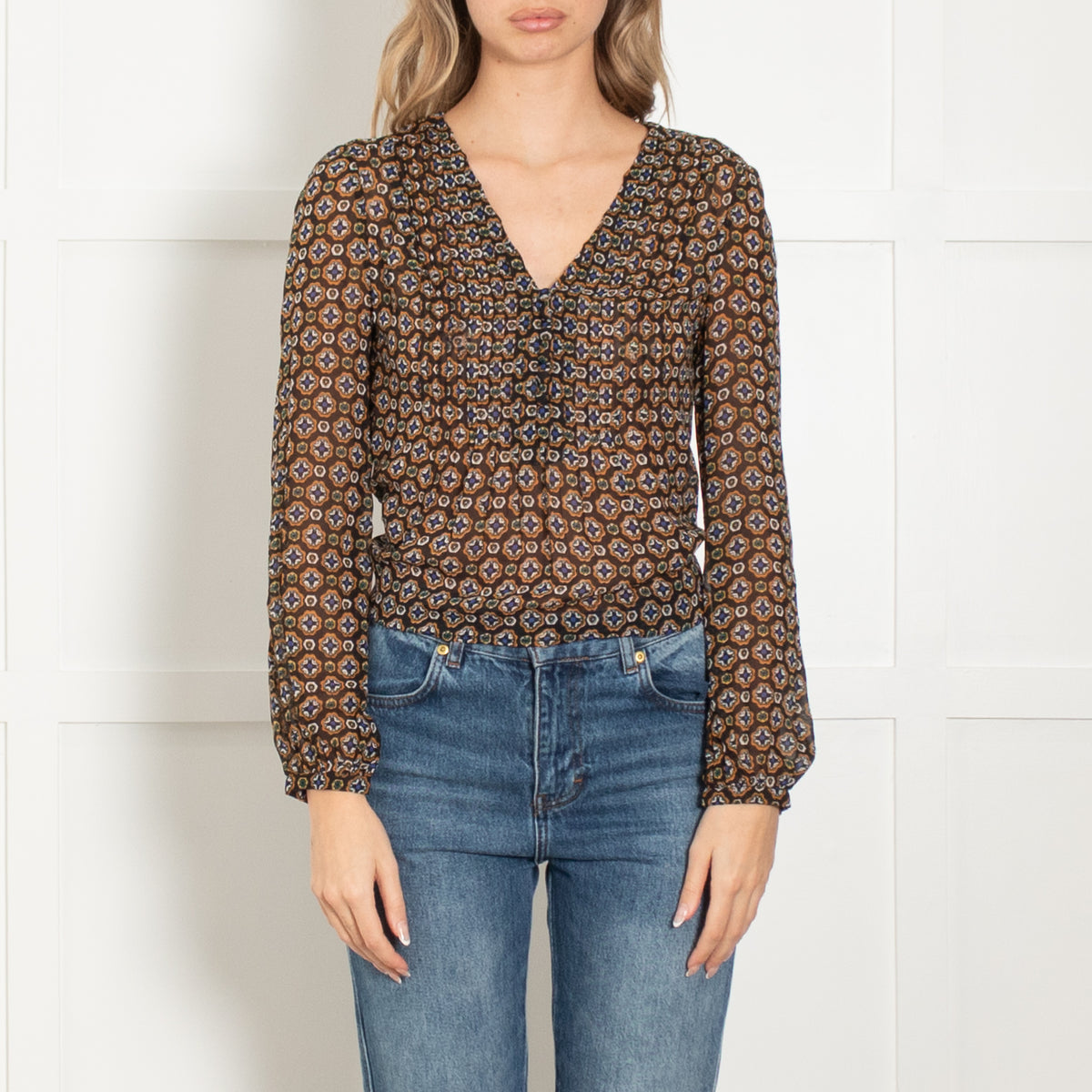 Veronica Beard Black Tan White Print Sheer V-Neck Top