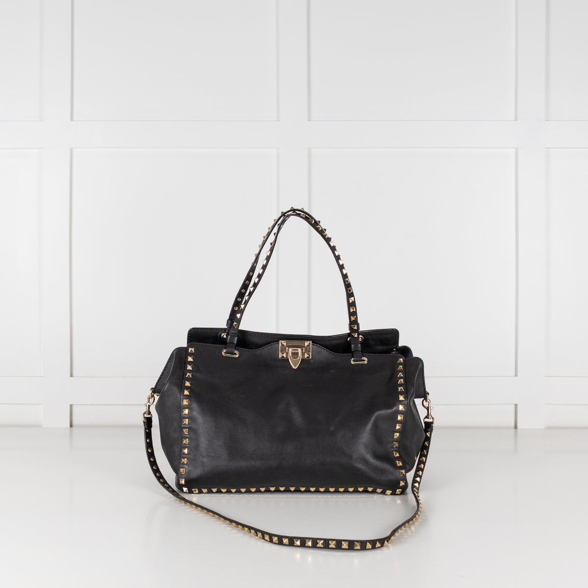 Valentino Garavani Black Rockstud Tote Handbag With Gold Tone Studs