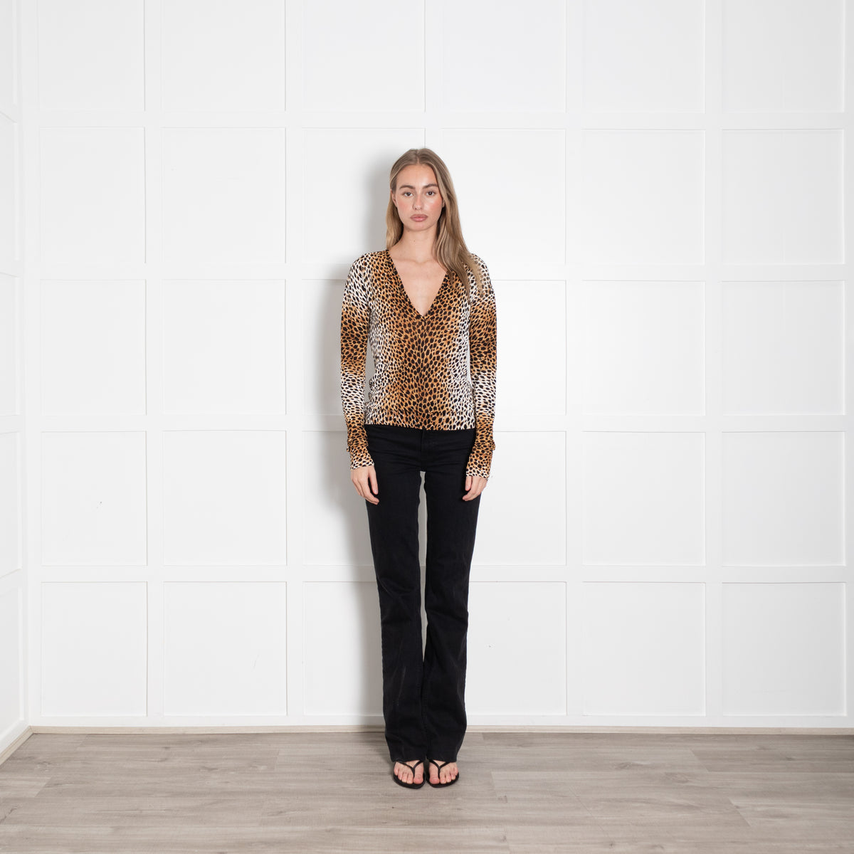 Dolce & Gabbana Brown Leopard Print V-Neck Long Sleeve Top