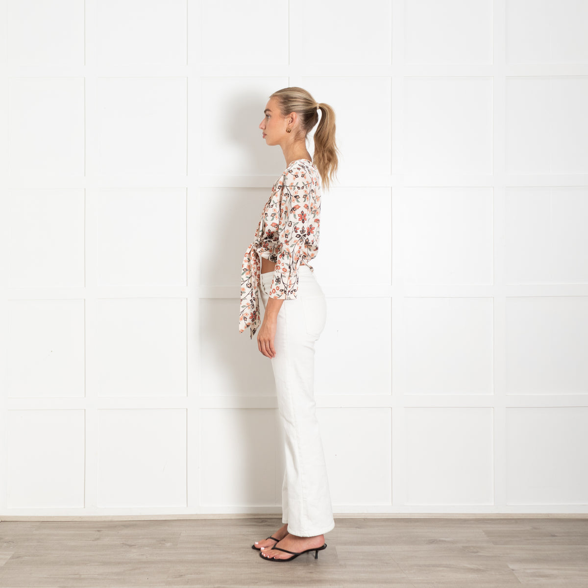 Bash Cream Orange Green Floral Front Tie Top