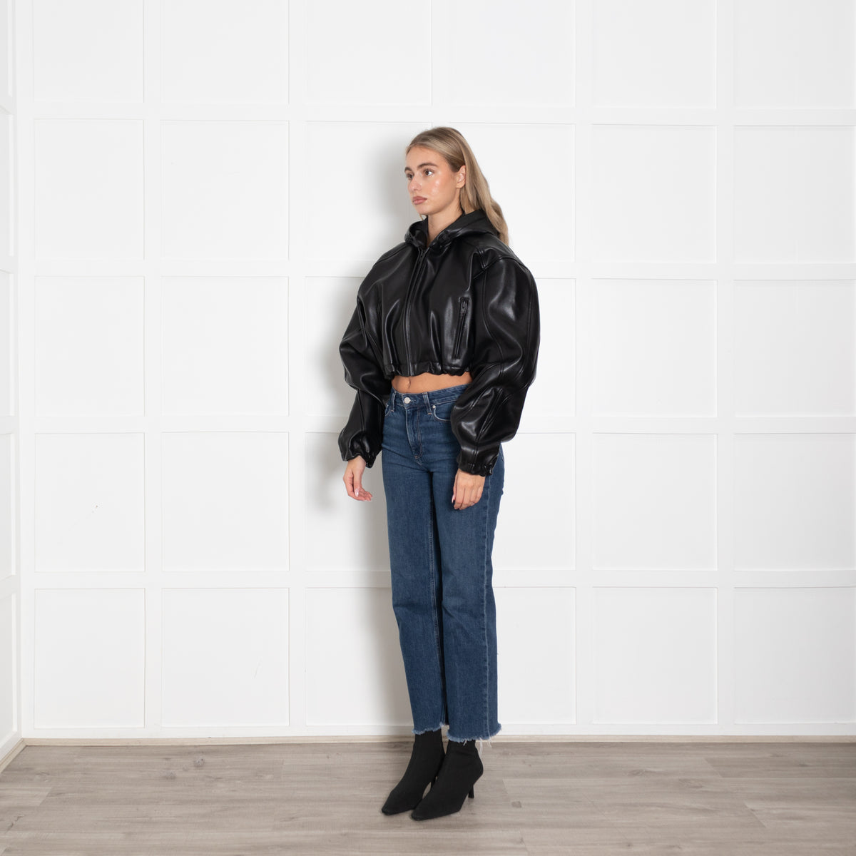 KHY Black Faux Leather Crop Bomber Jacket