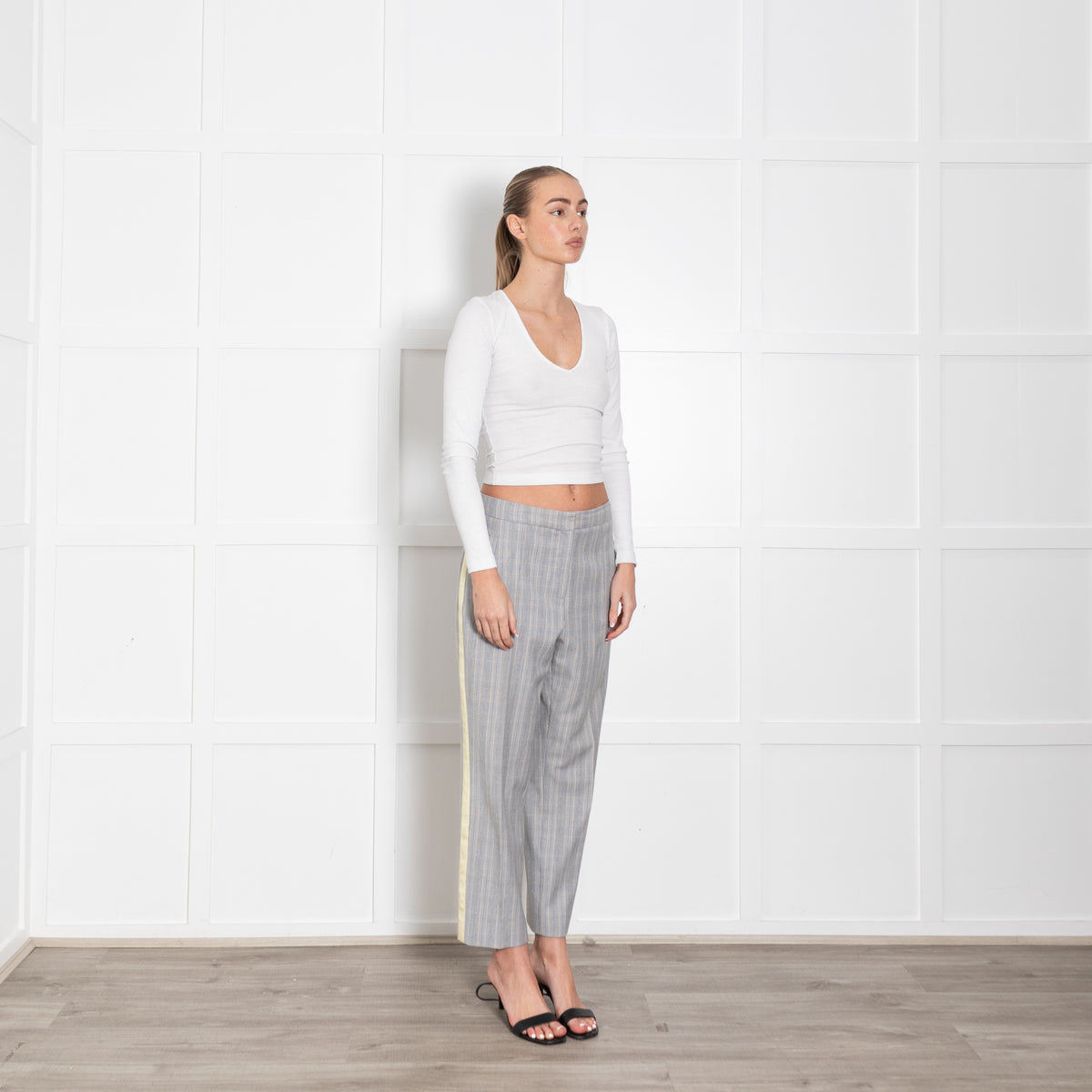 Me + Em Grey Blue Cream Check Yellow Side Stripe Trousers