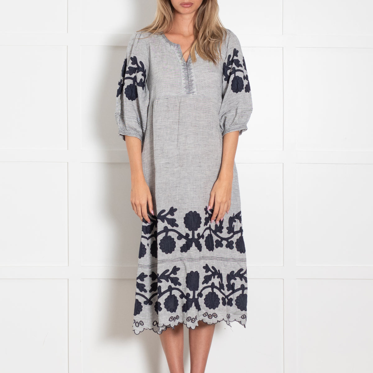 Rose And Rose White Blue Striped Embroidered Linen Midi Dress