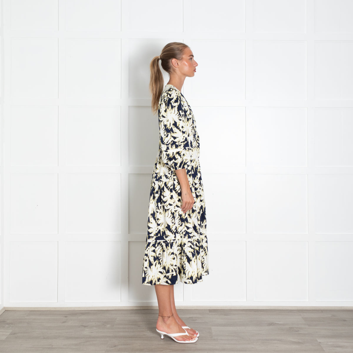 DVF Navy Cream Yellow Floral Cotton Blend Dress