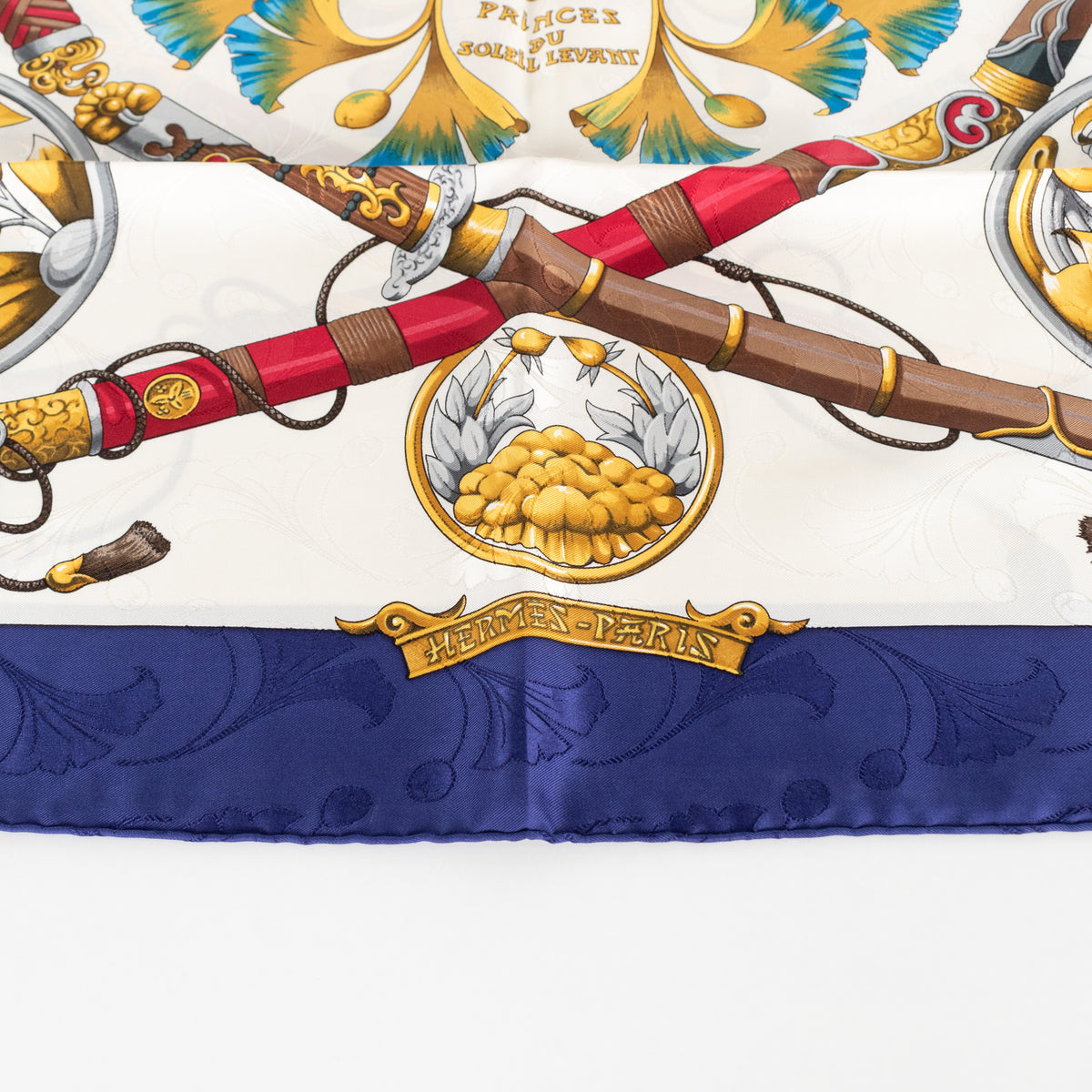 Hermes White Blue Daimyo Princes Du Soleil Levant Silk Scarf
