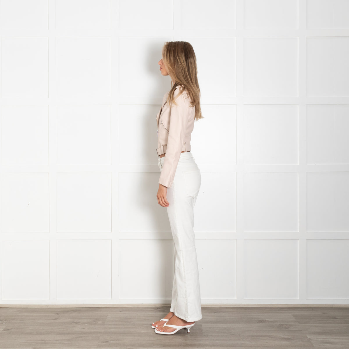Maje Pale Pink Lambskin Leather Cropped Biker Jacket