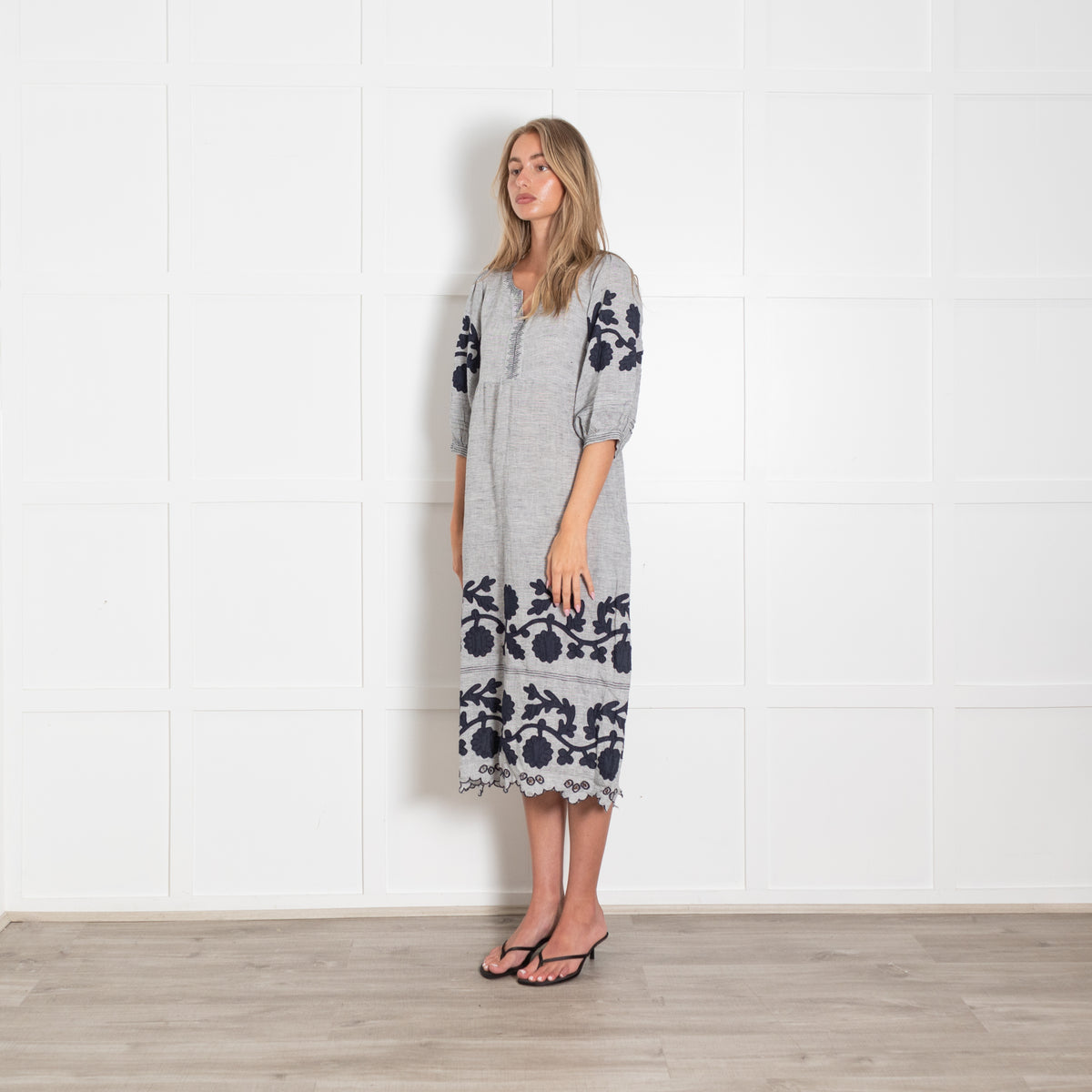 Rose And Rose White Blue Striped Embroidered Linen Midi Dress