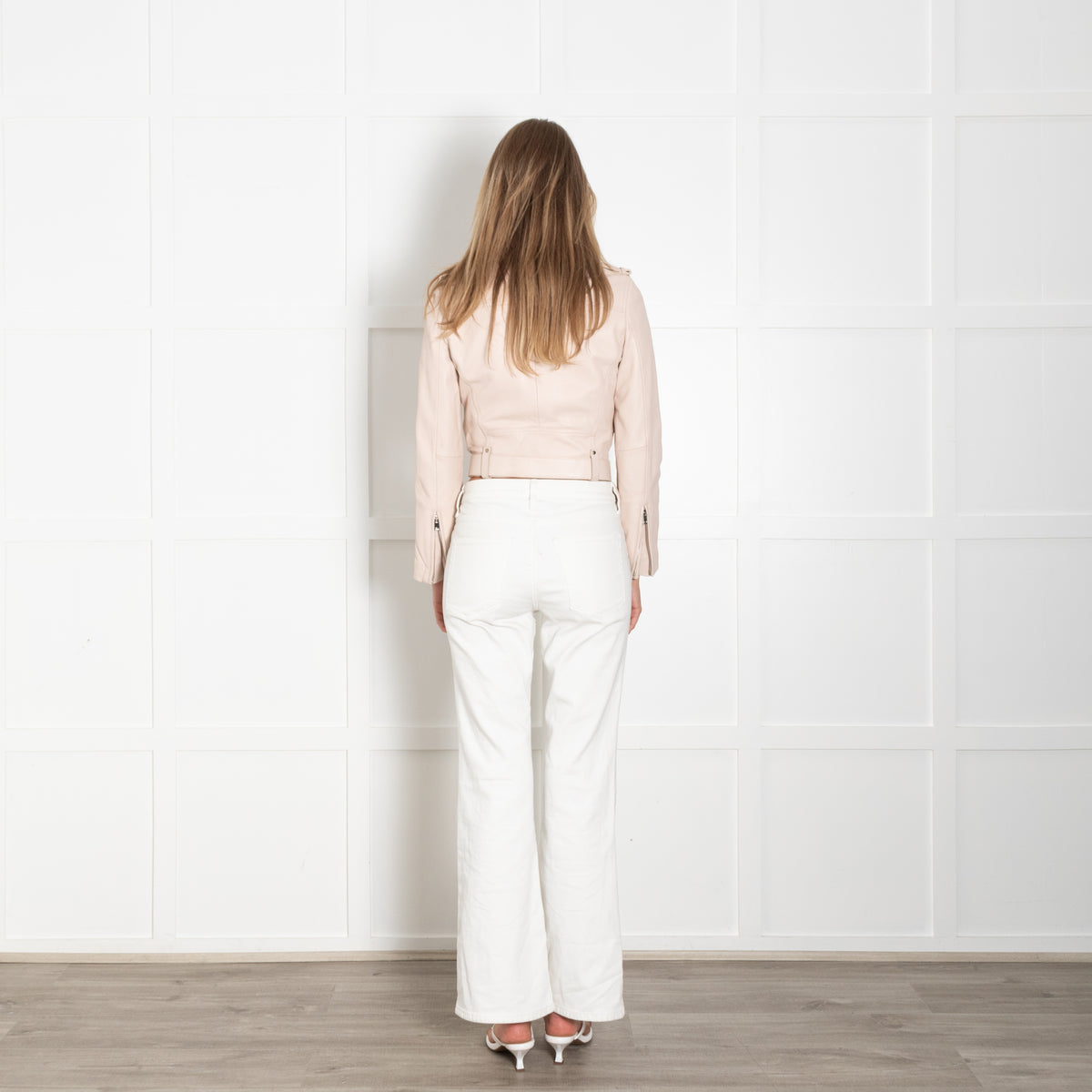 Maje Pale Pink Lambskin Leather Cropped Biker Jacket