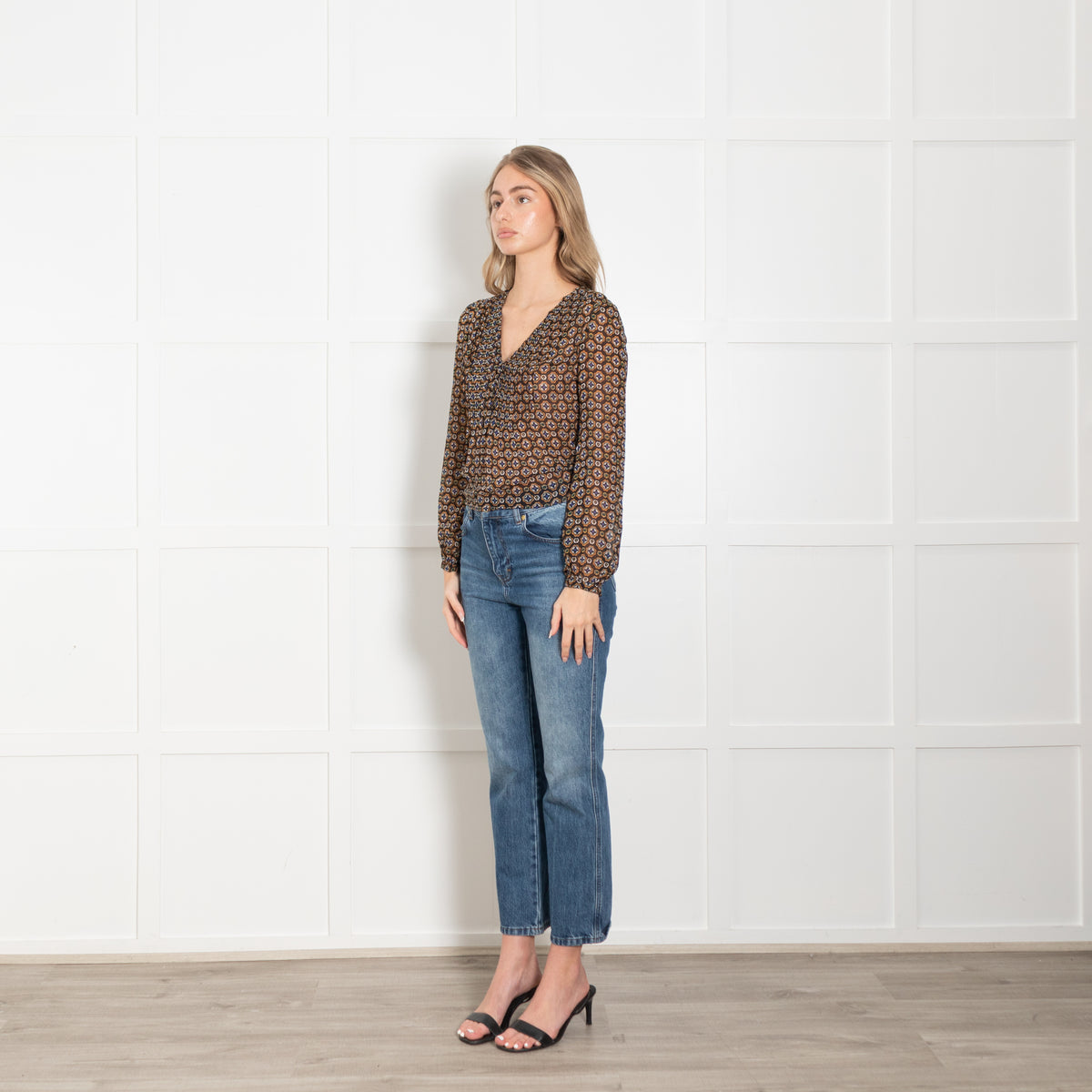 Veronica Beard Black Tan White Print Sheer V-Neck Top