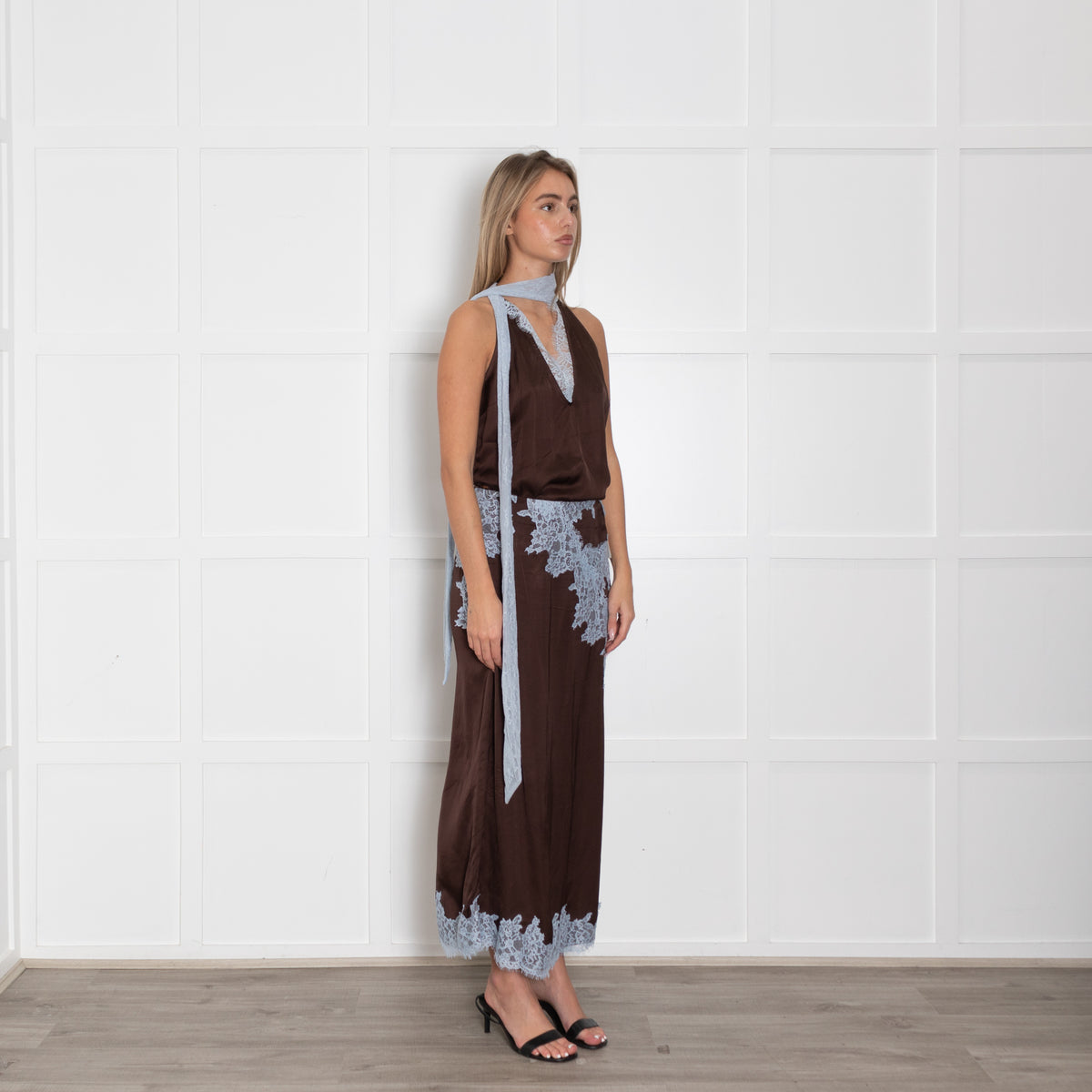 Never Fully Dressed Brown Maxi Skirt With Blue Lace Trim