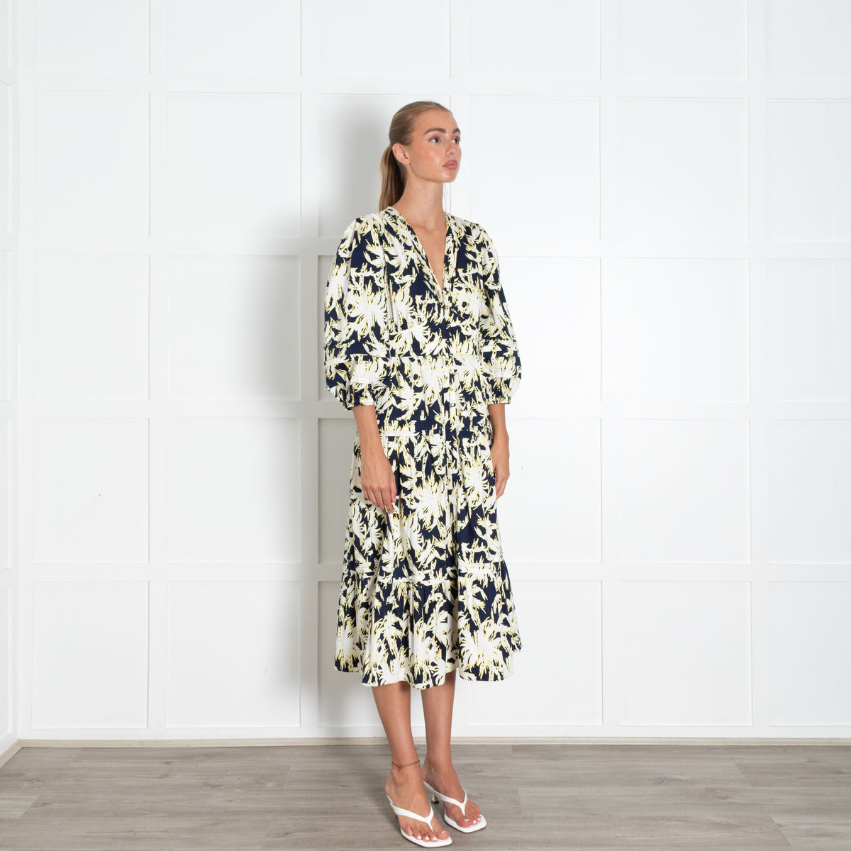 DVF Navy Cream Yellow Floral Cotton Blend Dress