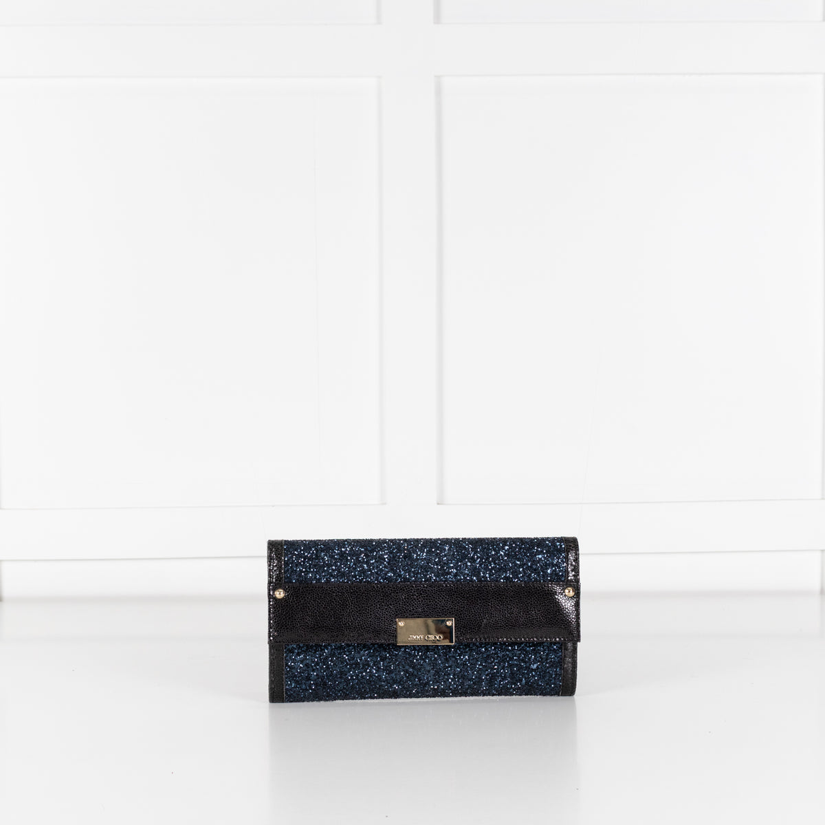 Jimmy Choo Navy Blue Glitter Black Leather Trim Clutch Bag