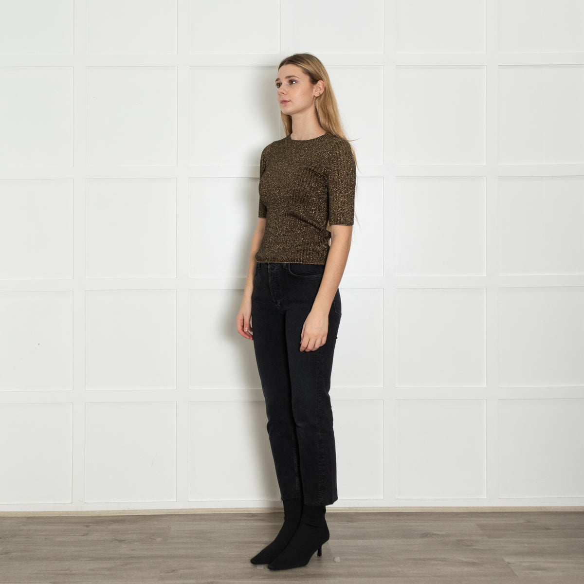 Soeur Brown Gold Lurex Short Sleeved Rib Jumper