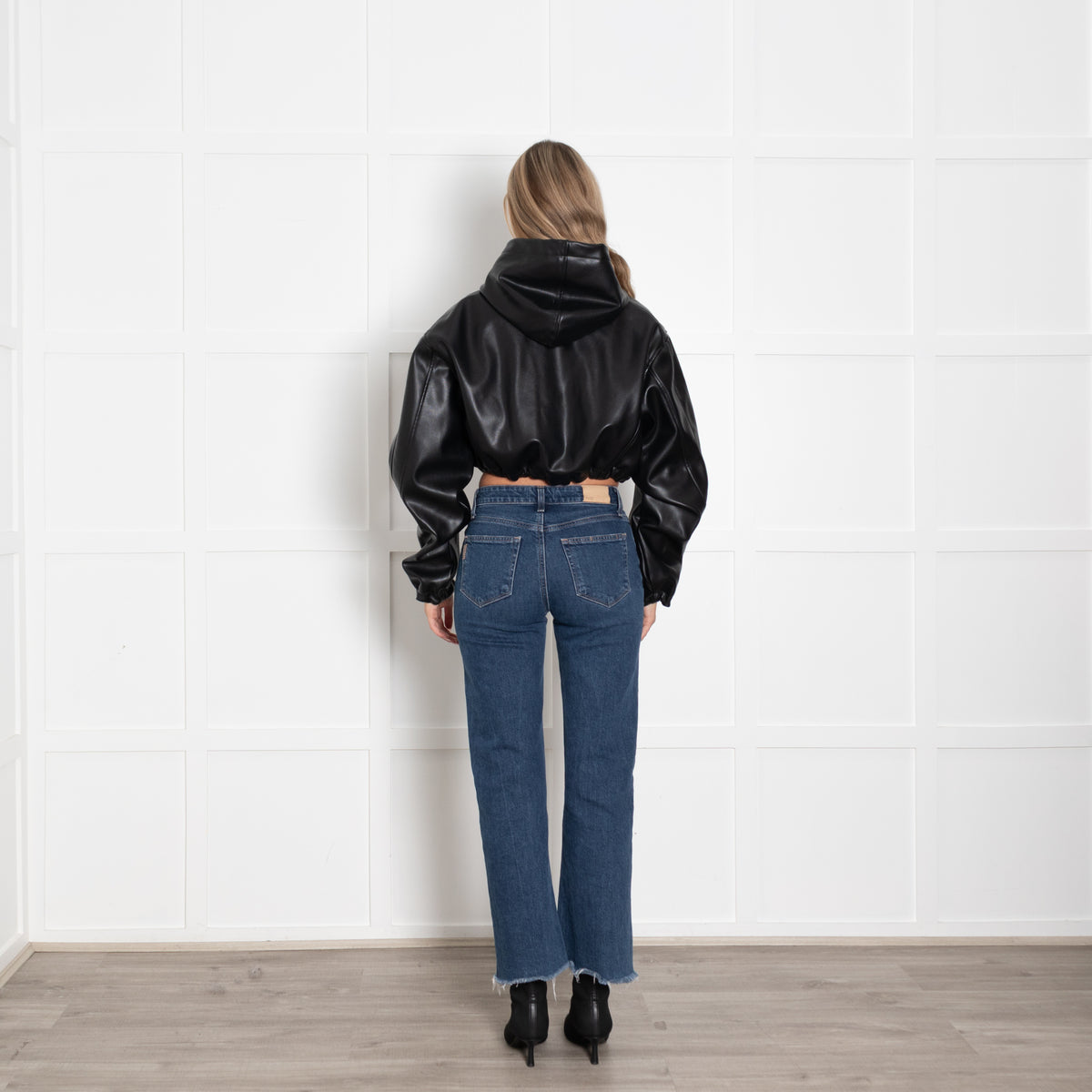 KHY Black Faux Leather Crop Bomber Jacket