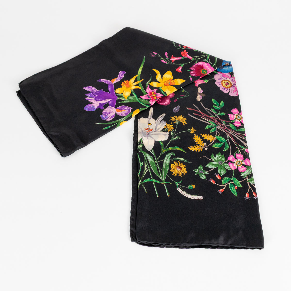Gucci Black Multi Floral Silk Twill Square Scarf