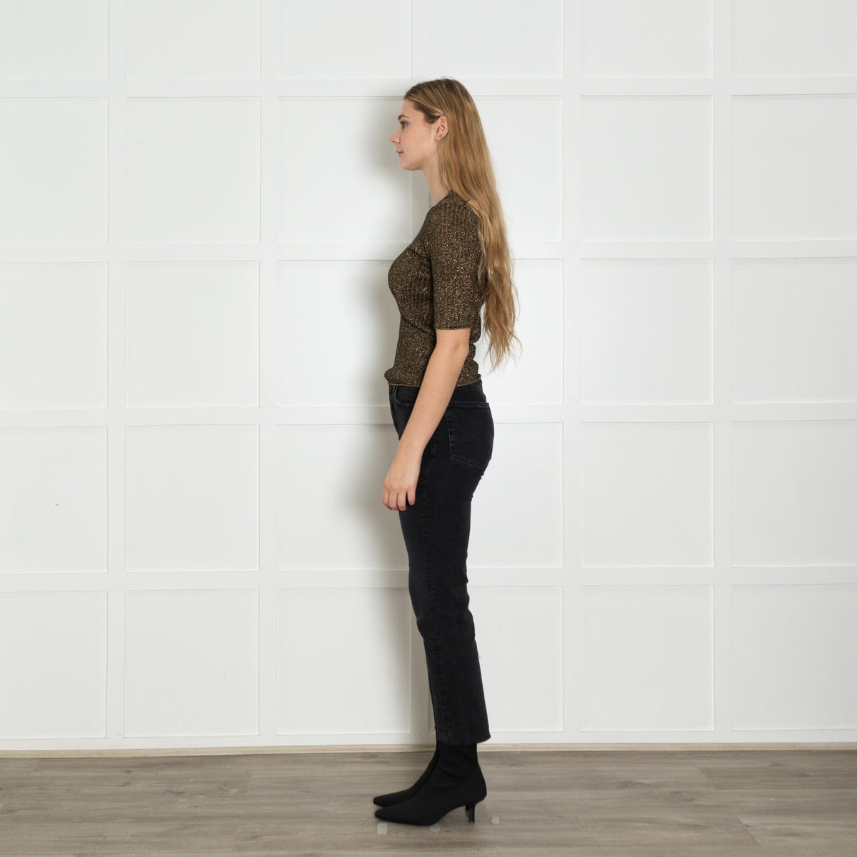 Soeur Brown Gold Lurex Short Sleeved Rib Jumper