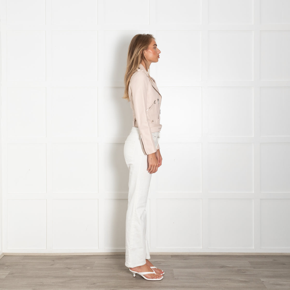 Maje Pale Pink Lambskin Leather Cropped Biker Jacket