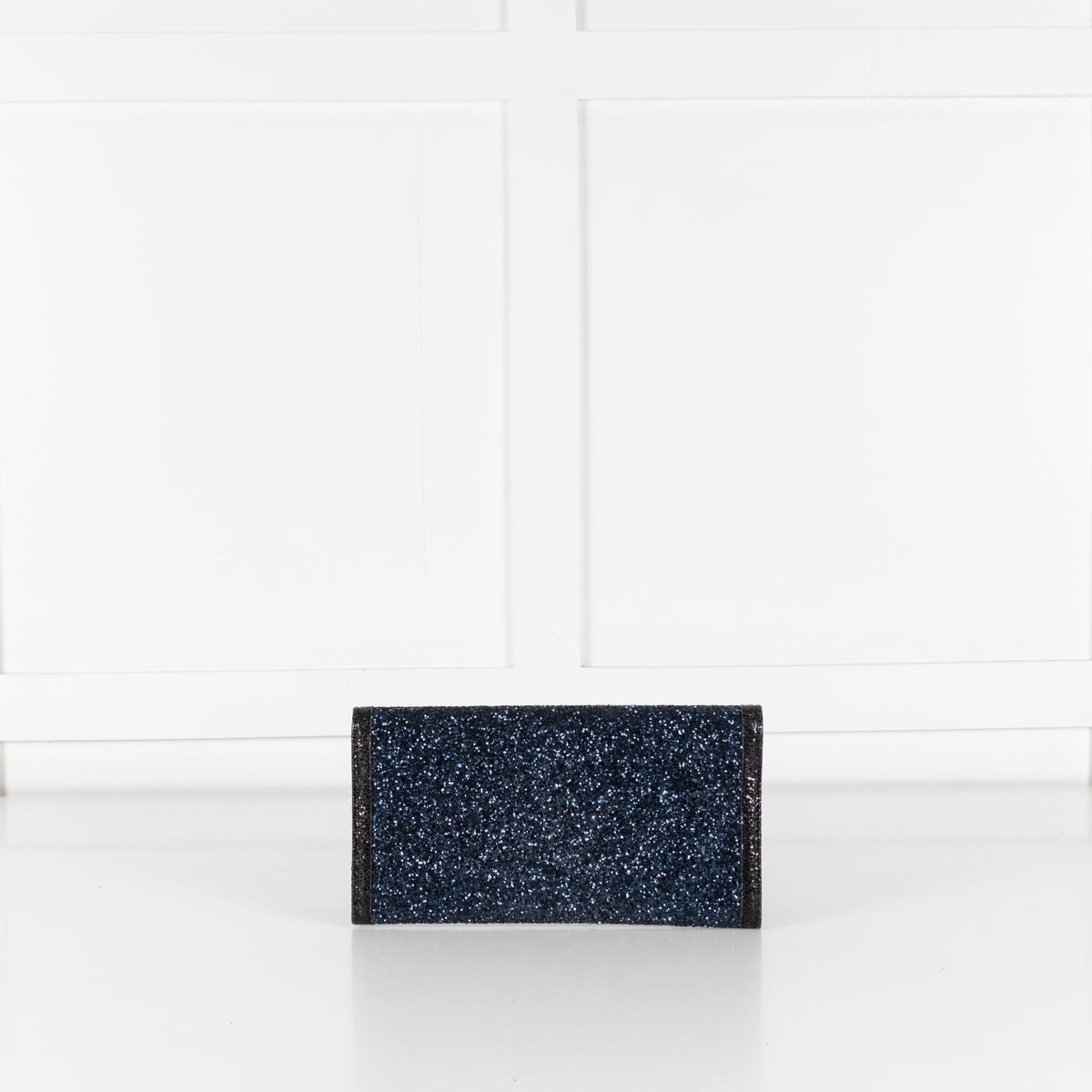 Jimmy Choo Navy Blue Glitter Black Leather Trim Clutch Bag