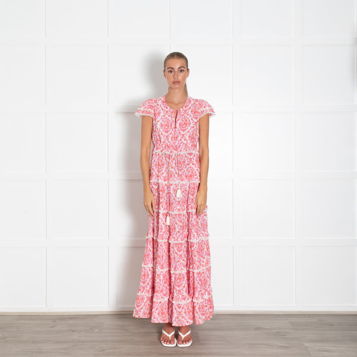 Lexy London White Pink Orange Scallop Trim Maxi Dress