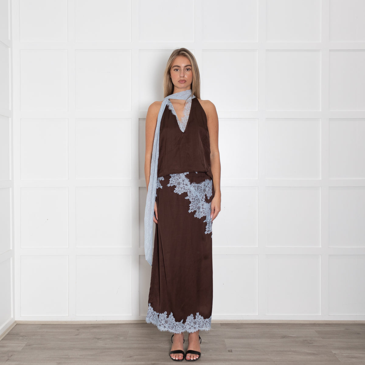 Never Fully Dressed Brown Sleeveless Top With Blue Lace Neck Tie
