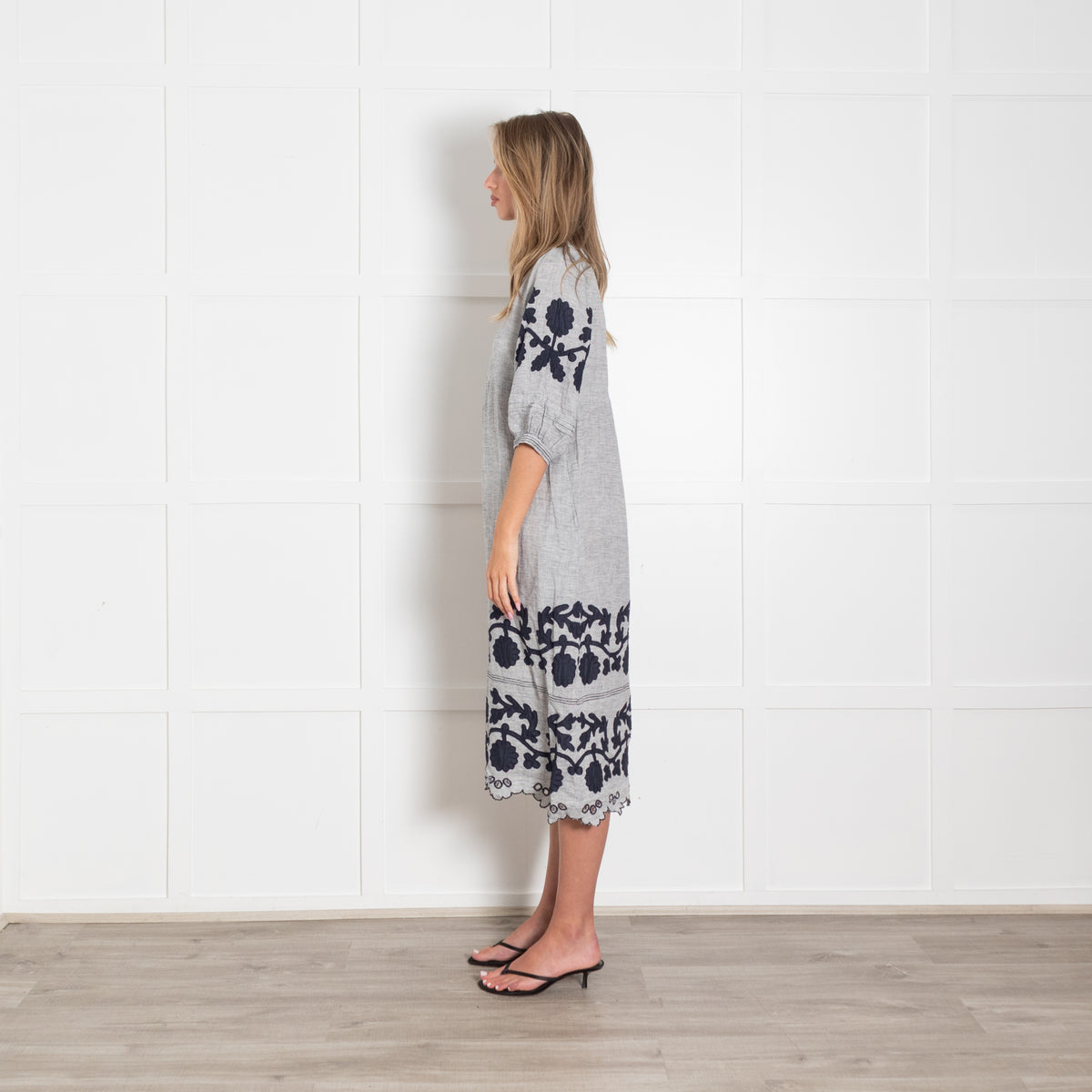 Rose And Rose White Blue Striped Embroidered Linen Midi Dress