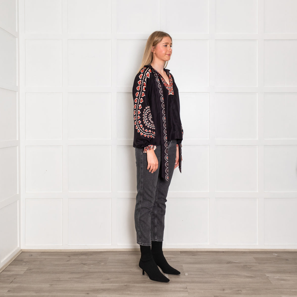La Double J Black Red Cream Heart Print Silk Top