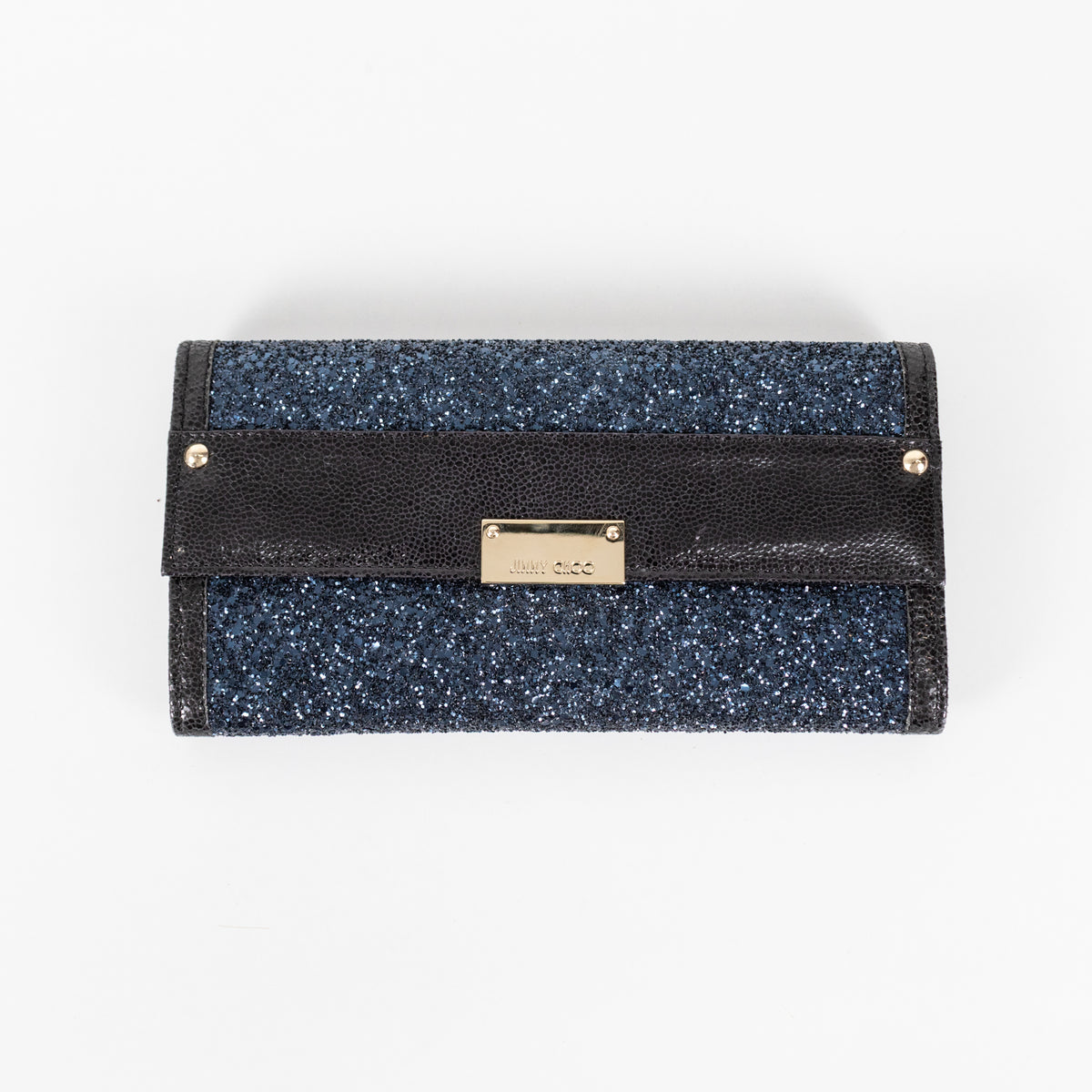 Jimmy Choo Navy Blue Glitter Black Leather Trim Clutch Bag